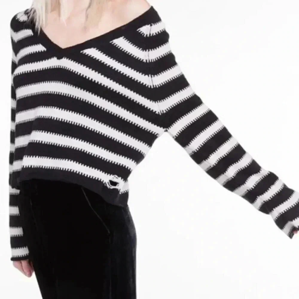 Wildfox Distressed Striped Vneck Sweater Black White